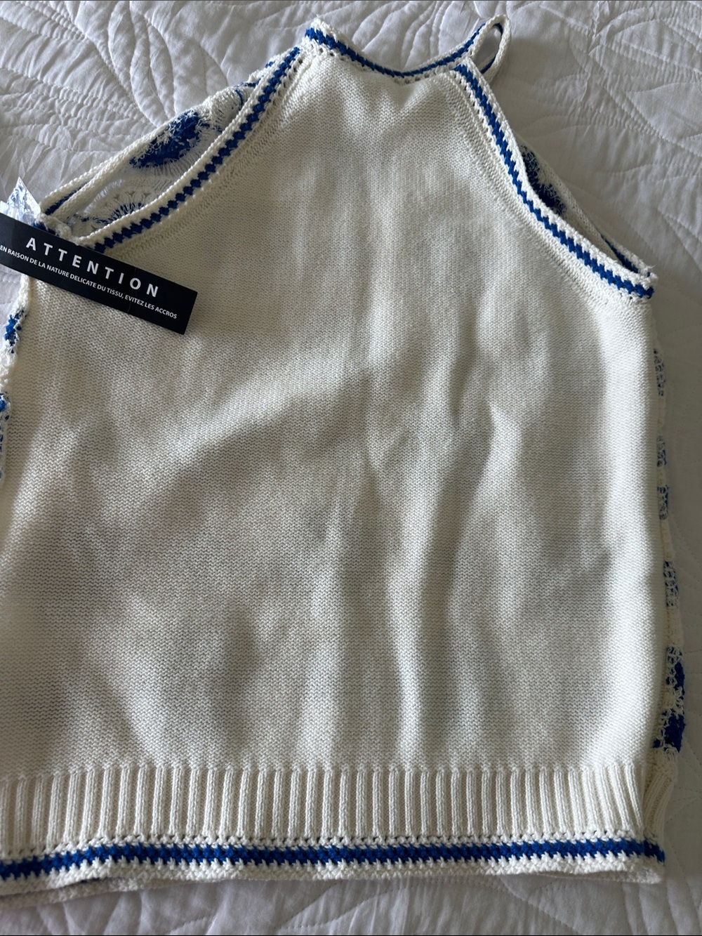 Tribal White Crochet Top with Blue Floral Accents - Picture 6 of 6